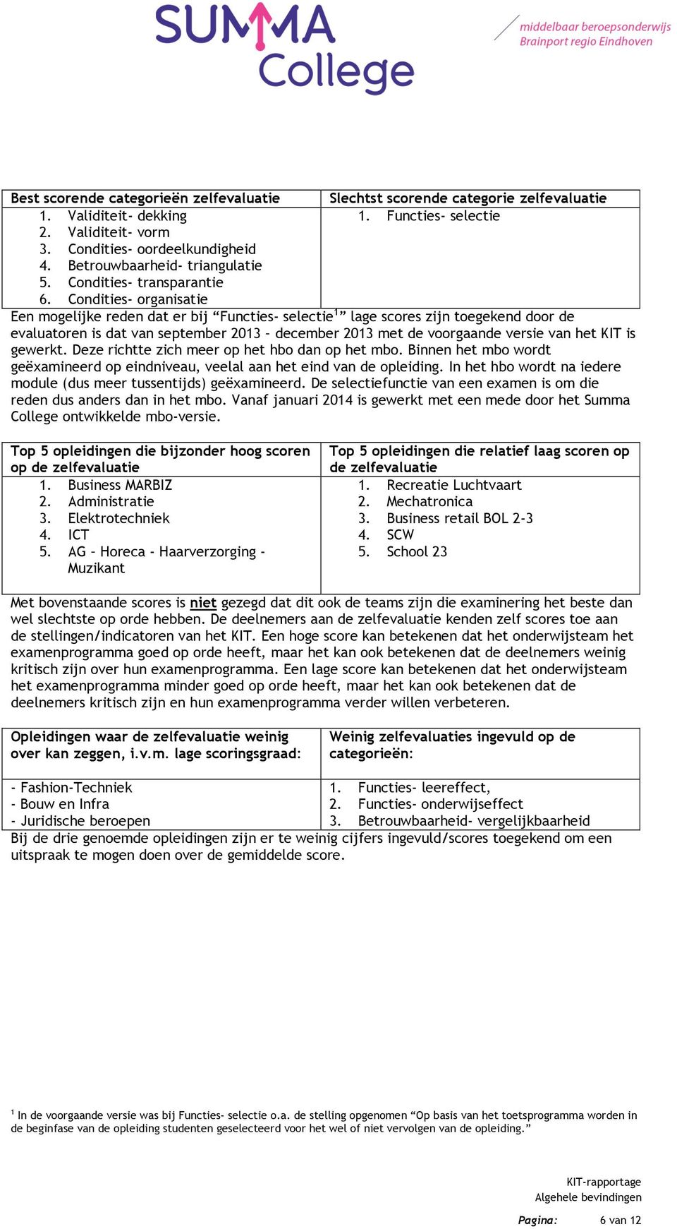 Condities- organisatie Een mogelijke reden dat er bij Functies- selectie 1 lage scores zijn toegekend door de evaluatoren is dat van september 2013 december 2013 met de voorgaande versie van het KIT