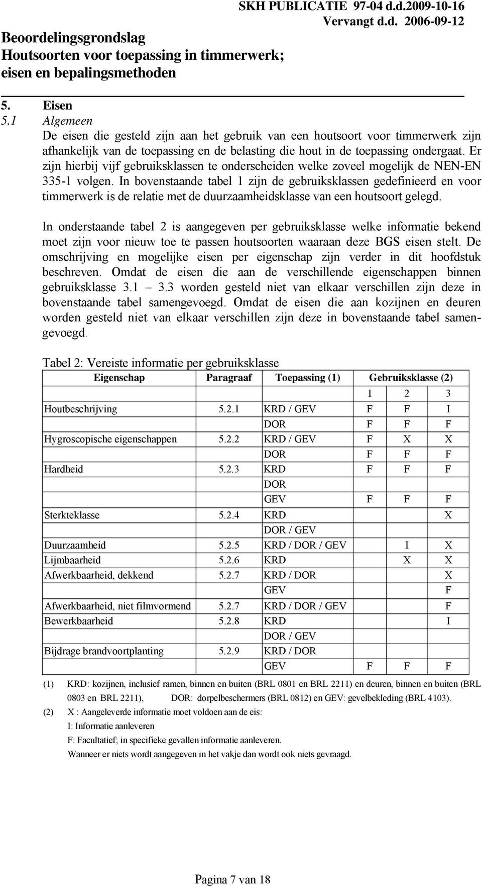 In bovenstaande tabel 1 zijn de gebruiksklassen gedefinieerd en voor timmerwerk is de relatie met de duurzaamheidsklasse van een houtsoort gelegd.