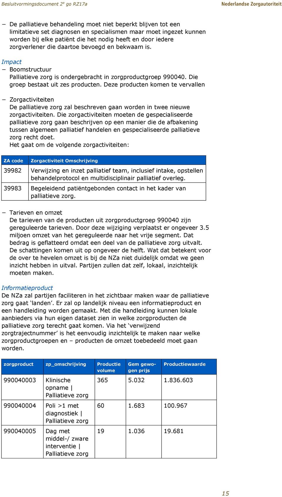 Deze producten komen te vervallen Zorgactiviteiten De palliatieve zorg zal beschreven gaan worden in twee nieuwe zorgactiviteiten.