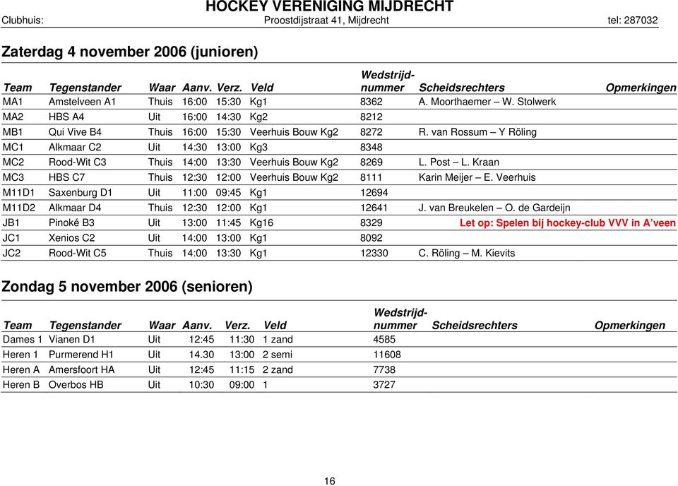 van Rossum Y Röling MC1 Alkmaar C2 Uit 14:30 13:00 Kg3 8348 MC2 Rood-Wit C3 Thuis 14:00 13:30 Veerhuis Bouw Kg2 8269 L. Post L.