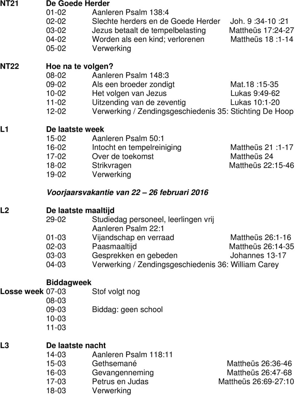 08-02 Aanleren Psalm 148:3 09-02 Als een broeder zondigt Mat.