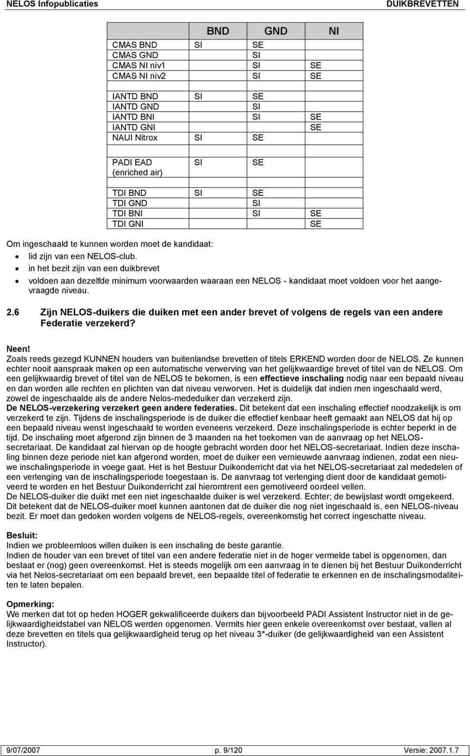 in het bezit zijn van een duikbrevet voldoen aan dezelfde minimum voorwaarden waaraan een NELOS - kandidaat moet voldoen voor het aangevraagde niveau. 2.