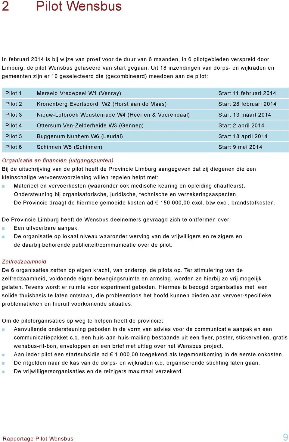 Kronenberg Evertsoord W2 (Horst aan de Maas) Start 28 februari 2014 Pilot 3 Nieuw-Lotbroek Weustenrade W4 (Heerlen & Voerendaal) Start 13 maart 2014 Pilot 4 Ottersum Ven-Zelderheide W3 (Gennep) Start