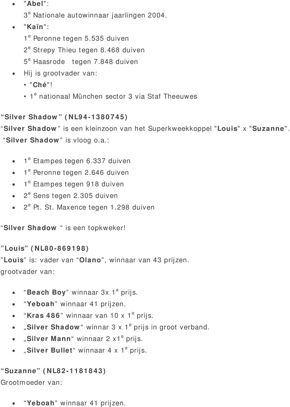 337 duiven 1 e Peronne tegen 2.646 duiven 1 e Etampes tegen 918 duiven 2 e Sens tegen 2.305 duiven 2 e Pt. St. Maxence tegen 1.298 duiven Silver Shadow is een topkweker!