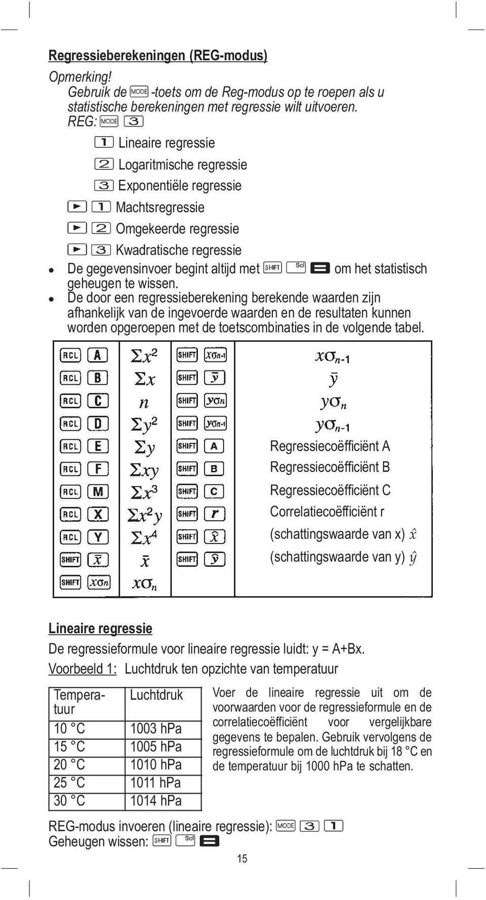 wissen. De door een regressieberekening berekende waarden zijn afhankelijk van de ingevoerde waarden en de resultaten kunnen worden opgeroepen met de toetscombinaties in de volgende tabel.