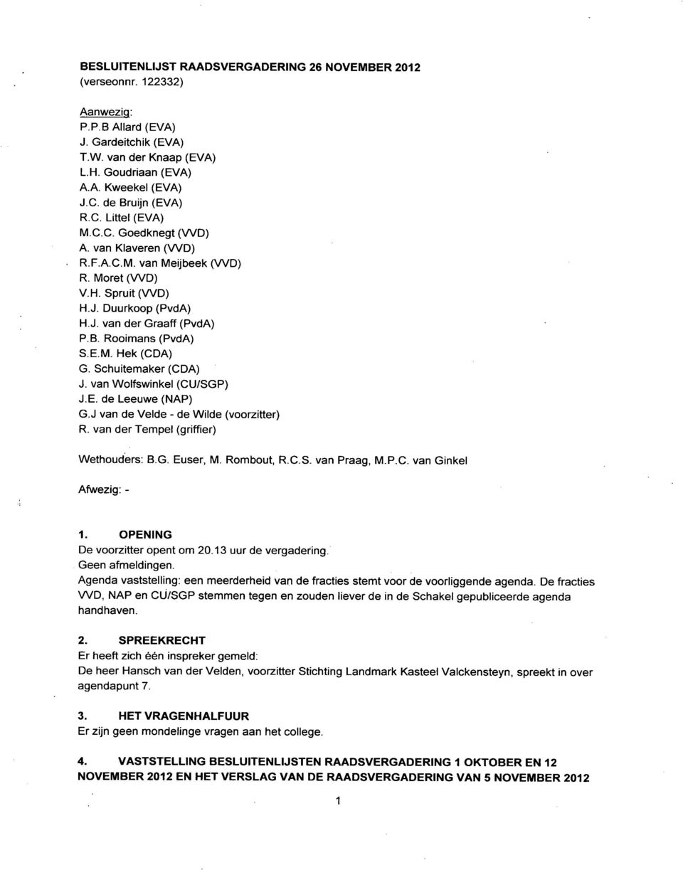 Rooimans (PvdA) S.E.M. Hek (CDA) G. Schuitemaker (CDA) J. van Wolfswinkel (CU/SGP) J.E. de Leeuwe (NAP) G.J van de Velde - de Wilde (voorzitter) R. van der Tempel (griffier) Wethouders: B.G. Euser, M.