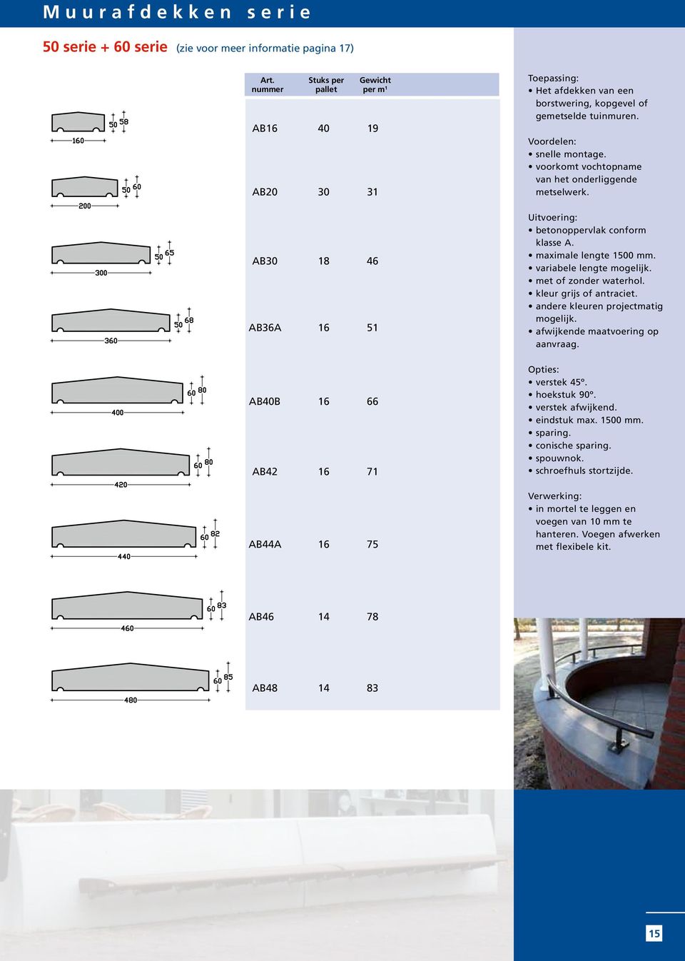 Voordelen: snelle montage. voorkomt vochtopname van het onderliggende metselwerk. Uitvoering: betonoppervlak conform klasse A. maximale lengte 1500 mm. variabele lengte mogelijk.