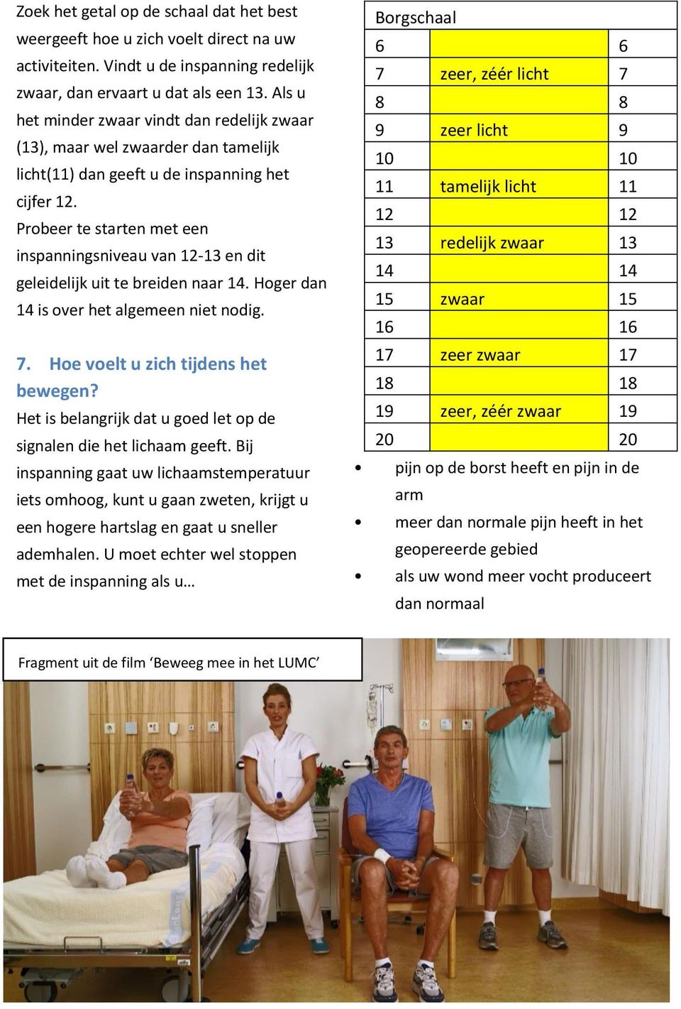 Probeer te starten met een inspanningsniveau van 12-13 en dit geleidelijk uit te breiden naar 14. Hoger dan 14 is over het algemeen niet nodig. 7. Hoe voelt u zich tijdens het bewegen?