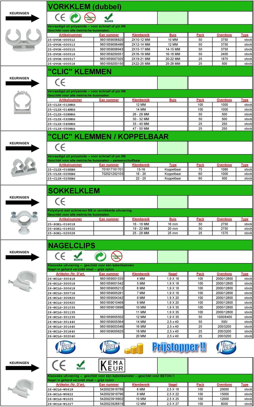 5601859200051 2X16-19 MM 16-18 MM 50 2400 stock 25-DVOK-000517 5601859007025 2X19-21 MM 20-22 MM 25 1875 stock 25-DVOK-000518 5601859200150 2X22-25 MM 25-28 MM 25 500 stock "CLIC" KLEMMEN Geschikt