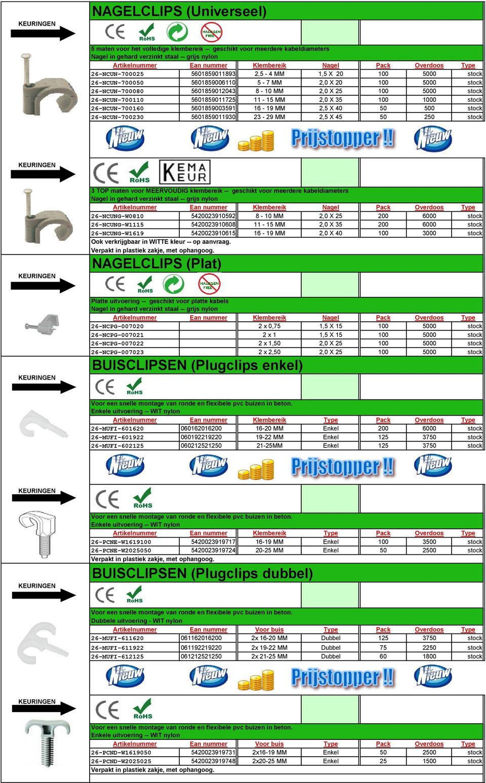 1000 stock 26-NCUN-700160 5601859003591 16-19 MM 2,5 X 40 50 500 stock 26-NCUN-700230 5601859011930 23-29 MM 2,5 X 45 50 250 stock 3 TOP maten voor MEERVOUDIG klembereik -- geschikt voor meerdere