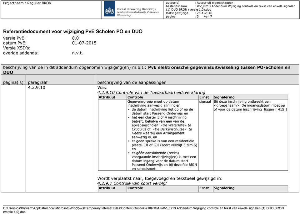 10 Was: 4.2.9.10 Controle van de Toelaatbaarheidsverklaring Gegevensgroep moet op datum signaal Bij deze inschrijving ontbreekt een inschrijving aanwezig zijn indien <groepsnaam>.