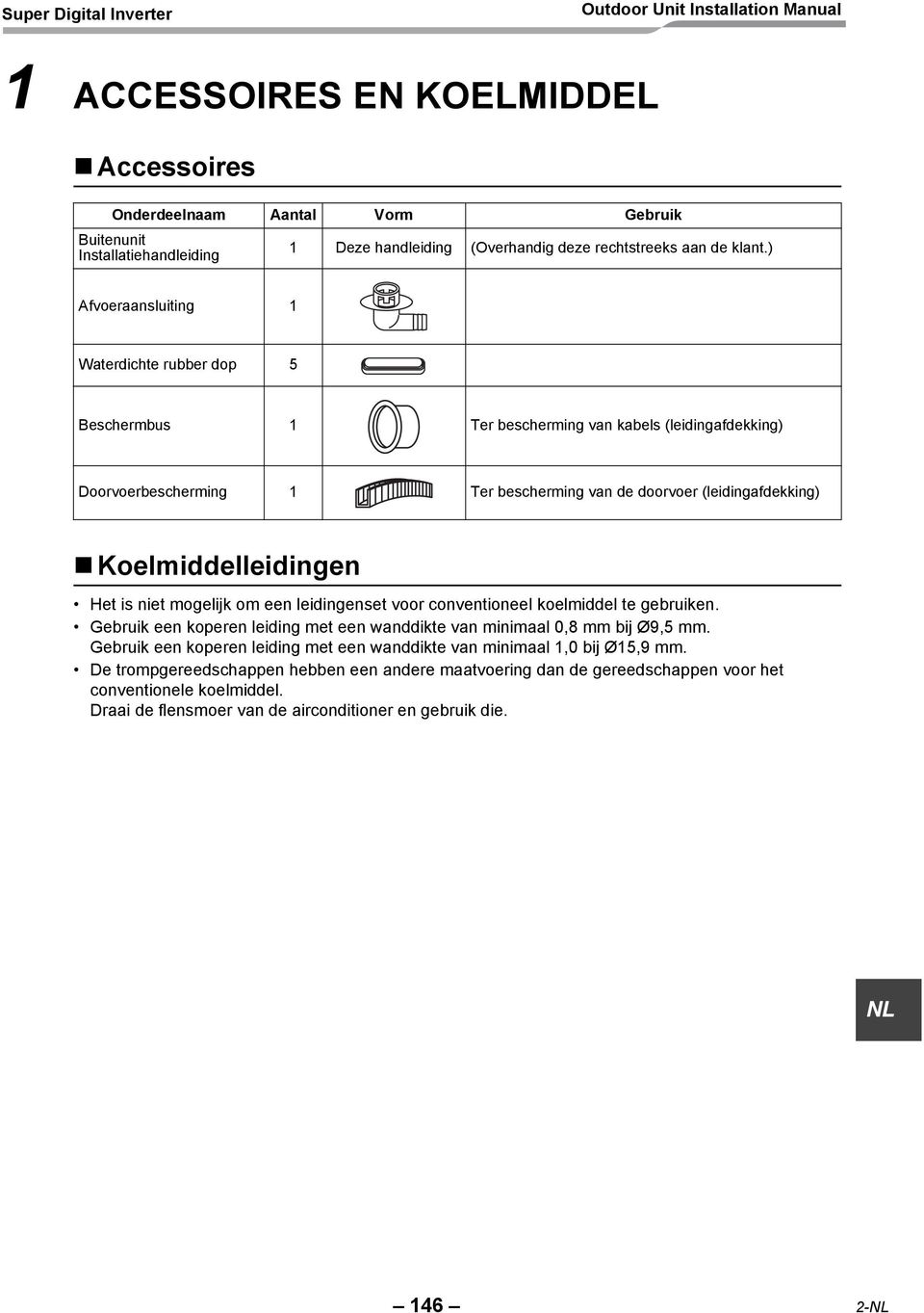 Koelmiddelleidingen Het is niet mogelijk om een leidingenset voor conventioneel koelmiddel te gebruiken. Gebruik een koperen leiding met een wanddikte van minimaal 0,8 mm bij Ø9,5 mm.