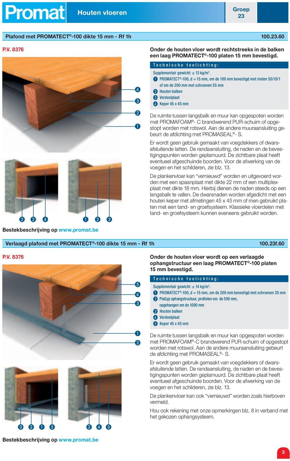 PROMATECT -100, d = 15 mm, om de 100 mm bevestigd met nieten 50/10/1 of om de 200 mm met schroeven 55 mm Houten balken Verdeelplaat Keper 45 x 45 mm De ruimte tussen langsbalk en muur kan opgespoten