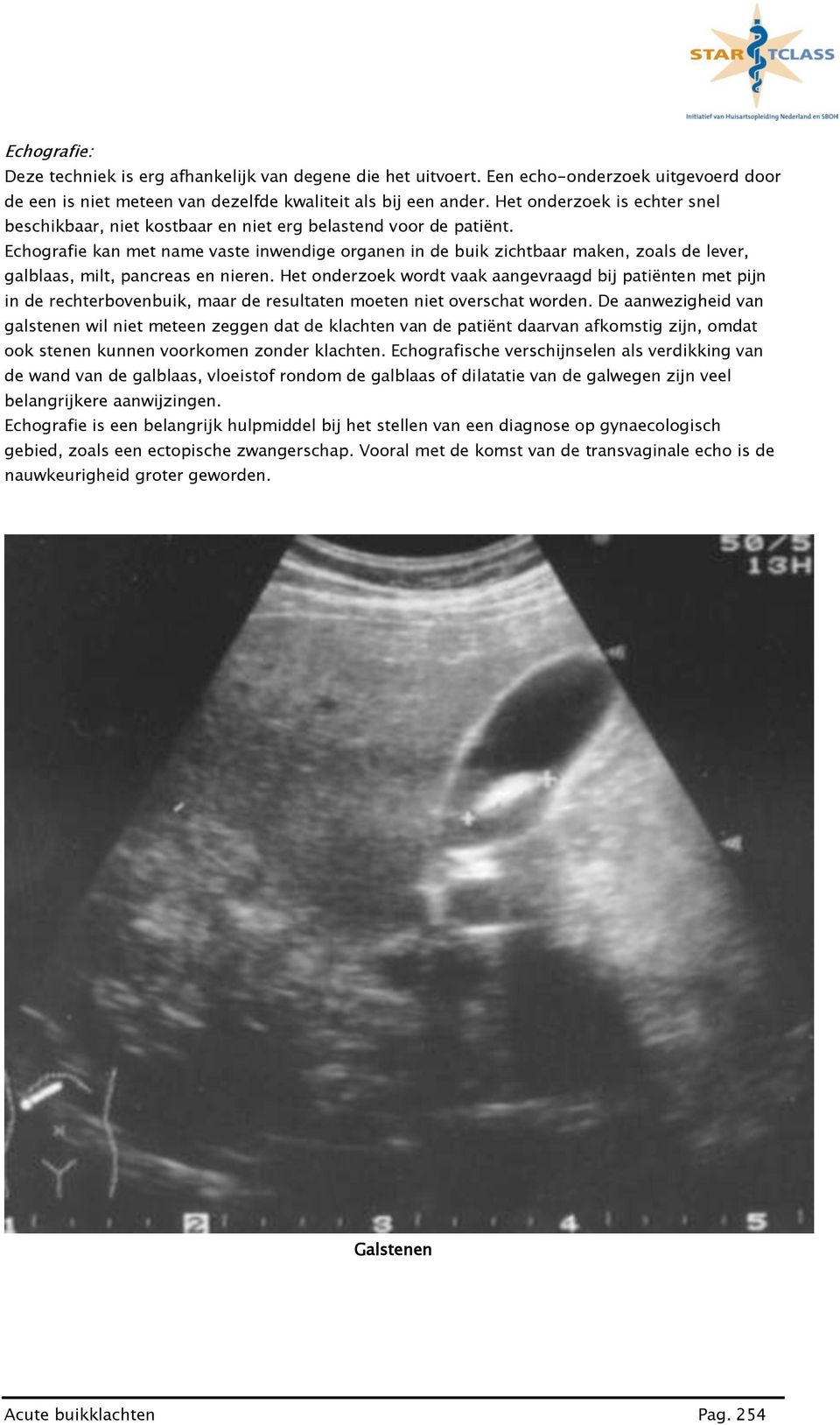 Echografie kan met name vaste inwendige organen in de buik zichtbaar maken, zoals de lever, galblaas, milt, pancreas en nieren.