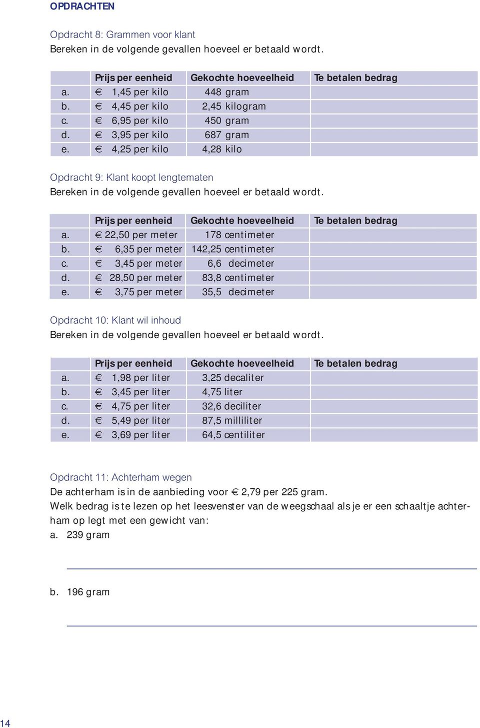 Prijs per eenheid Gekochte hoeveelheid Te betalen bedrag a. 22,50 per meter 178 centimeter b. 6,35 per meter 142,25 centimeter c. 3,45 per meter 6,6 decimeter d. 28,50 per meter 83,8 centimeter e.