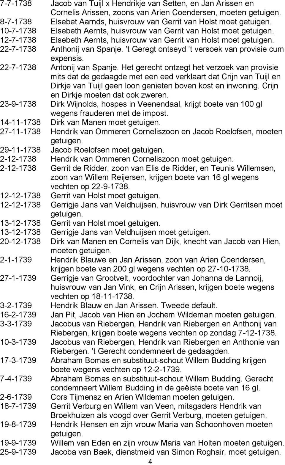 22-7-1738 Antonij van Spanje. Het gerecht ontzegt het verzoek van provisie mits dat de gedaagde met een eed verklaart dat Crijn van Tuijl en Dirkje van Tuijl geen loon genieten boven kost en inwoning.