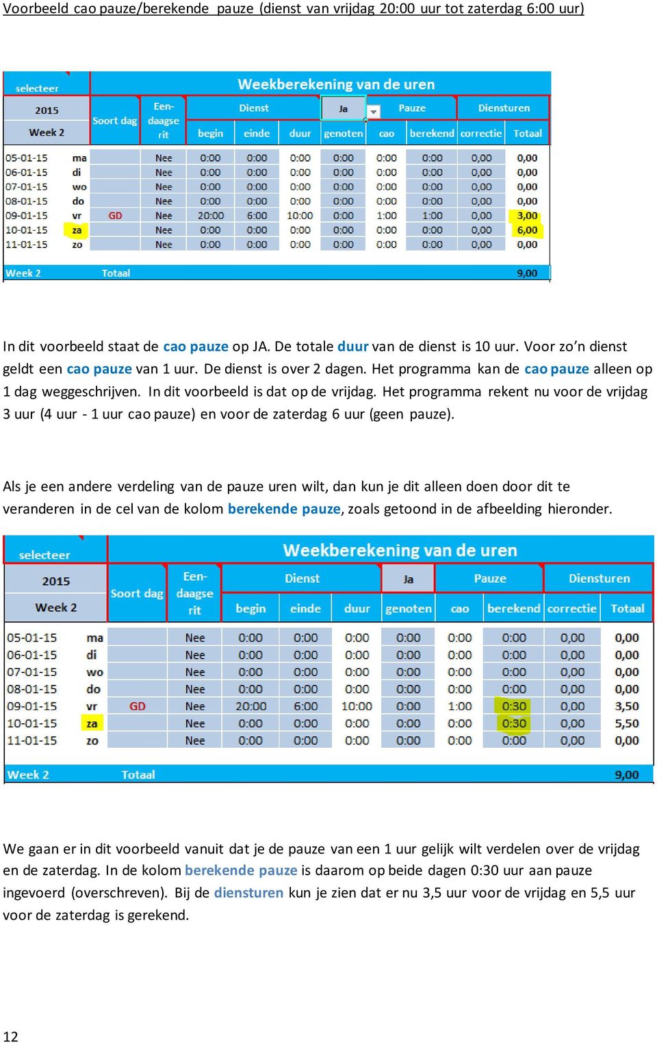 Het programma rekent nu voor de vrijdag 3 uur (4 uur - 1 uur cao pauze) en voor de zaterdag 6 uur (geen pauze).