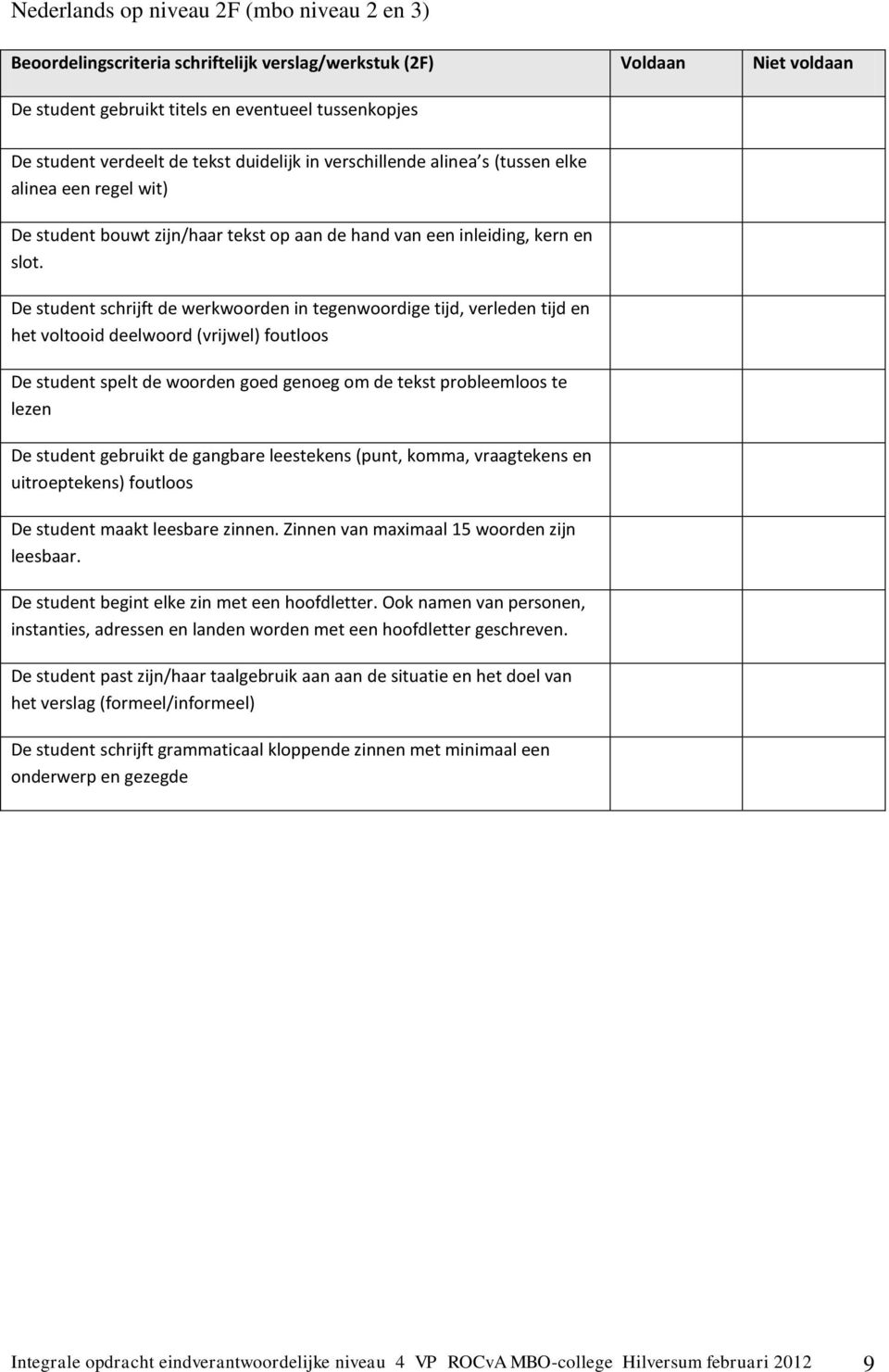 De student schrijft de werkwoorden in tegenwoordige tijd, verleden tijd en het voltooid deelwoord (vrijwel) foutloos De student spelt de woorden goed genoeg om de tekst probleemloos te lezen De