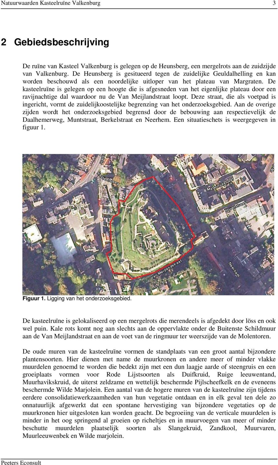 De kasteelruïne is gelegen op een hoogte die is afgesneden van het eigenlijke plateau door een ravijnachtige dal waardoor nu de Van Meijlandstraat loopt.