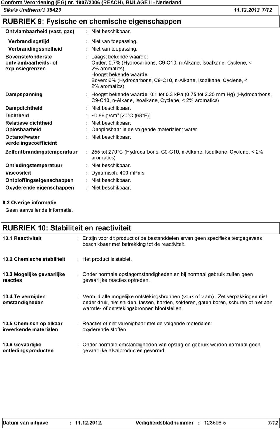 Dampdichtheid Dichtheid Relatieve dichtheid Oplosbaarheid Octanol/water verdelingscoëfficiënt Laagst bekende waarde Onder 0.