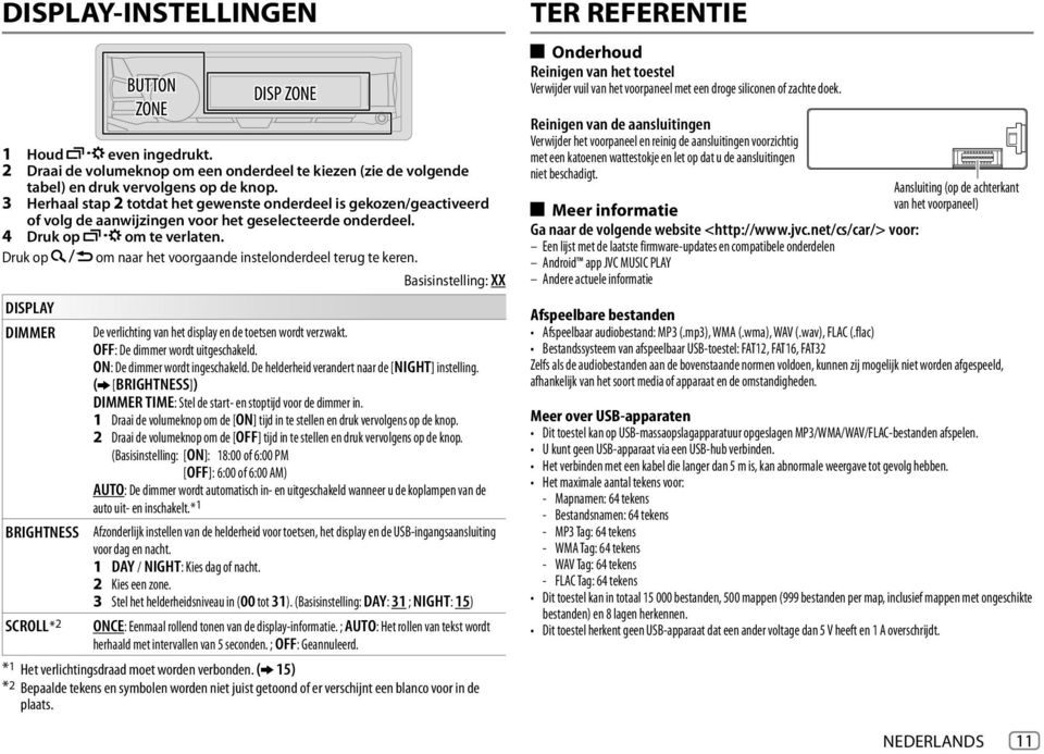 Druk op om naar het voorgaande instelonderdeel terug te keren. Basisinstelling: XX DISPLAY DIMMER De verlichting van het display en de toetsen wordt verzwakt. OFF: De dimmer wordt uitgeschakeld.