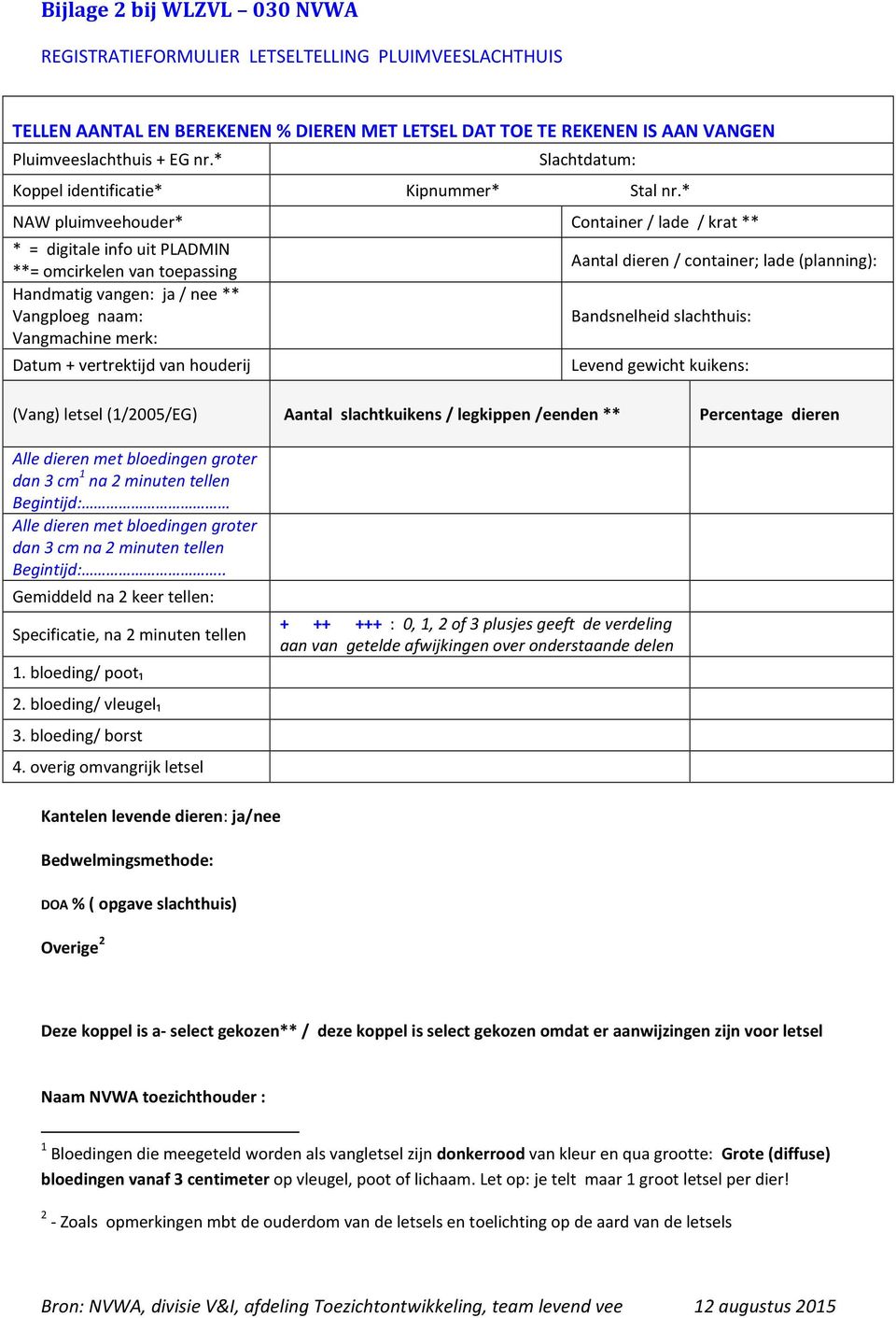 * NAW pluimveehouder* Container / lade / krat ** * = digitale info uit PLADMIN **= omcirkelen van toepassing Handmatig vangen: ja / nee ** Vangploeg naam: Vangmachine merk: Datum + vertrektijd van