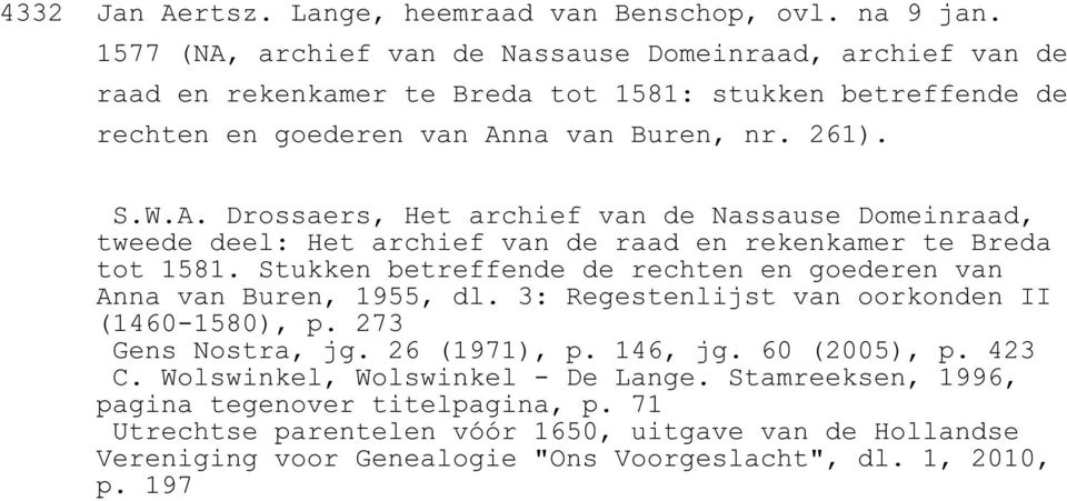 Stukken betreffende de rechten en goederen van Anna van Buren, 1955, dl. 3: Regestenlijst van oorkonden II (1460-1580), p. 273 Gens Nostra, jg. 26 (1971), p. 146, jg. 60 (2005), p. 423 C.