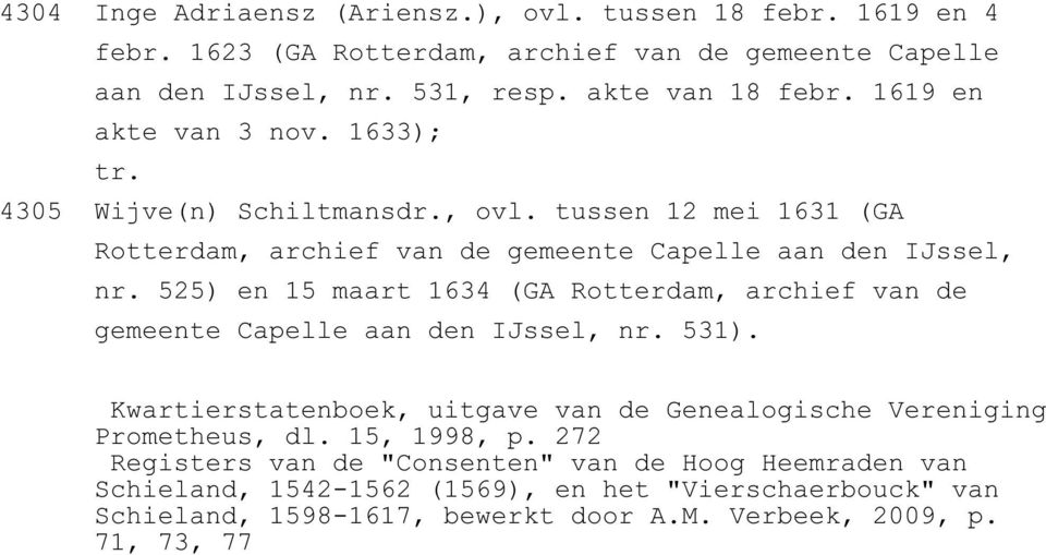 525) en 15 maart 1634 (GA Rotterdam, archief van de gemeente Capelle aan den IJssel, nr. 531). Kwartierstatenboek, uitgave van de Genealogische Vereniging Prometheus, dl.