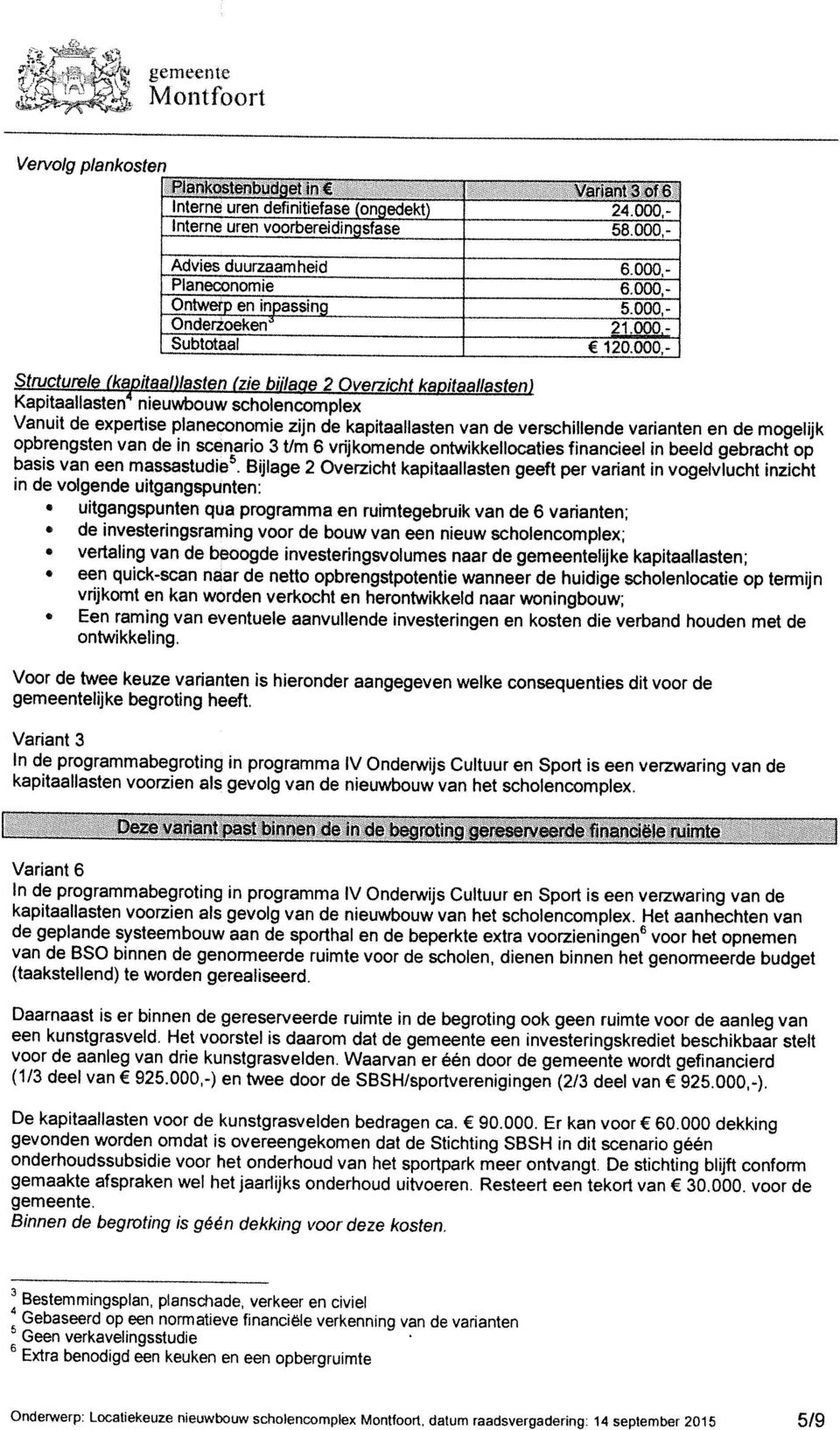 000,- Structurele (kapitaal)lasten (zie biiiaae 2 Overzicht kapitaallasten) Kapitaallasten nieuwbouw scholencomplex Vanuit de expertise planeconomie zijn de kapitaallasten van de verschillende