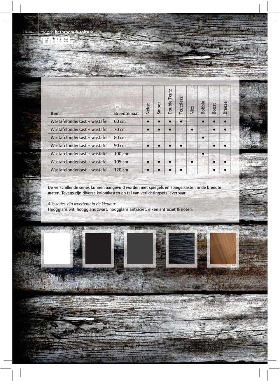 Wastafelonderkast + wastafel 80 cm Wastafelonderkast + wastafel 90 cm Wastafelonderkast + wastafel 100 cm Wastafelonderkast + wastafel 105 cm Wastafelonderkast +