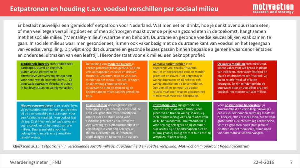 ( Mentality-milieu ) waartoe men behoort. Duurzame en gezonde voedselkeuzes blijken vaak samen te gaan.