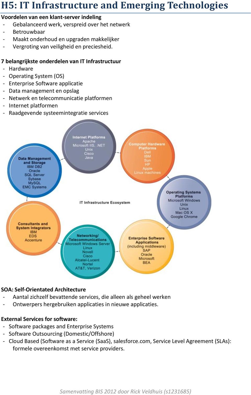 7 belangrijkste onderdelen van IT Infrastructuur - Hardware - Operating System (OS) - Enterprise Software applicatie - Data management en opslag - Netwerk en telecommunicatie platformen - Internet