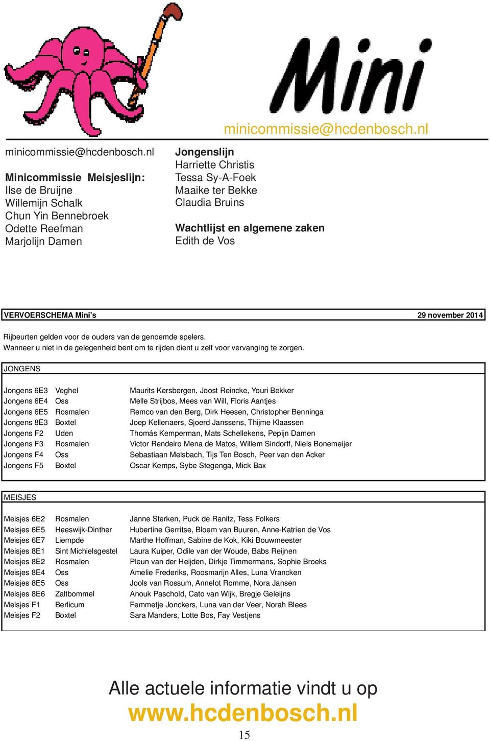 Wachtlijst en algemene zaken Edith de Vos VERVOERSCHEMA Mini's 29 november 2014 Rijbeurten gelden voor de ouders van de genoemde spelers.
