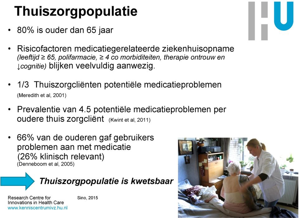 1/3 Thuiszorgcliënten potentiële medicatieproblemen (Meredith et al, 2001) Prevalentie van 4.