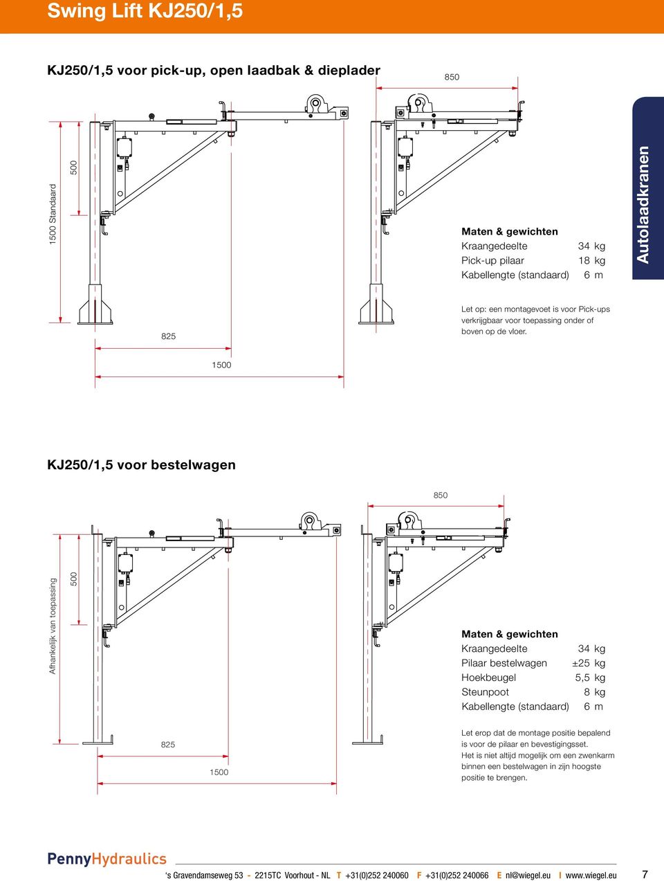 1500 KJ250/1,5 voor bestelwagen 850 Afhankelijk van toepassing 500 Maten & gewichten Kraangedeelte Pilaar bestelwagen Hoekbeugel Steunpoot Kabellengte (standaard) 34 kg ±25 kg 5,5 kg 8 kg 6 m 825