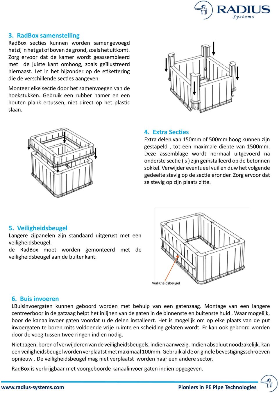 Monteer elke sectie door het samenvoegen van de hoekstukken. Gebruik een rubber hamer en een houten plank ertussen, niet direct op het plastic slaan. 4.