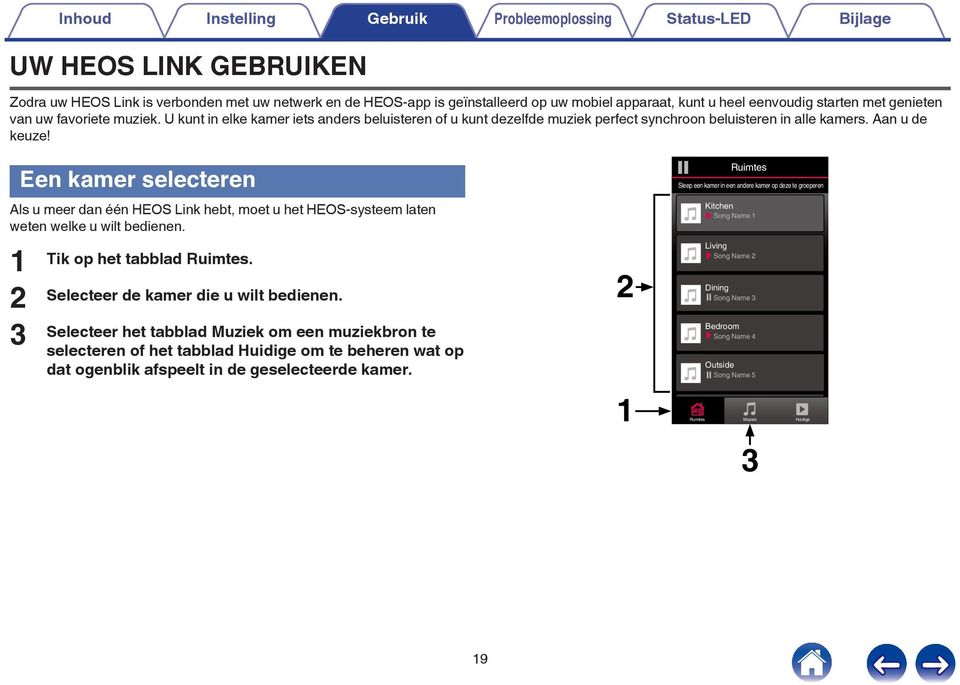 Een kamer selecteren Als u meer dan één HEOS Link hebt, moet u het HEOS-systeem laten weten welke u wilt bedienen 3 Tik op het tabblad Ruimtes Selecteer de kamer die u wilt bedienen Selecteer het