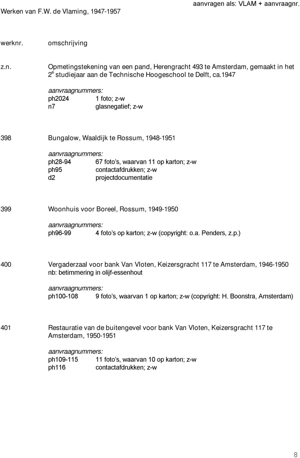 1949-1950 ph96-99 4 foto s op karton; z-w (copyright: o.a. Penders, z.p.) 400 Vergaderzaal voor bank Van Vloten, Keizersgracht 117 te Amsterdam, 1946-1950 nb: betimmering in olijf-essenhout ph100-108 9 foto s, waarvan 1 op karton; z-w (copyright: H.
