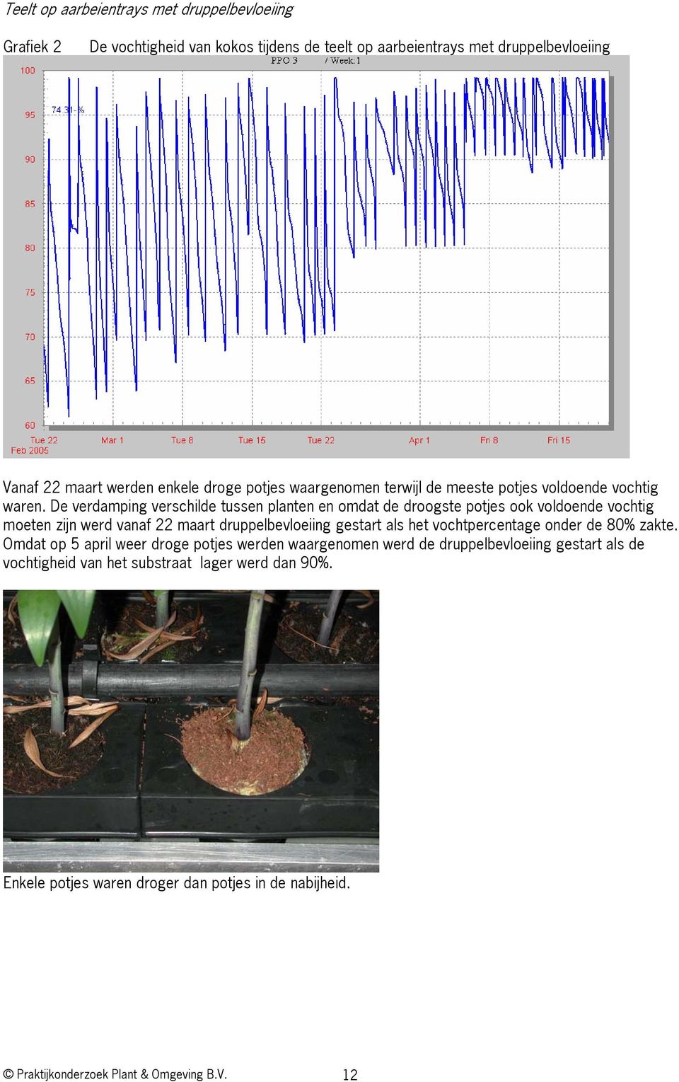 De verdamping verschilde tussen planten en omdat de droogste potjes ook voldoende vochtig moeten zijn werd vanaf 22 maart druppelbevloeiing gestart als het