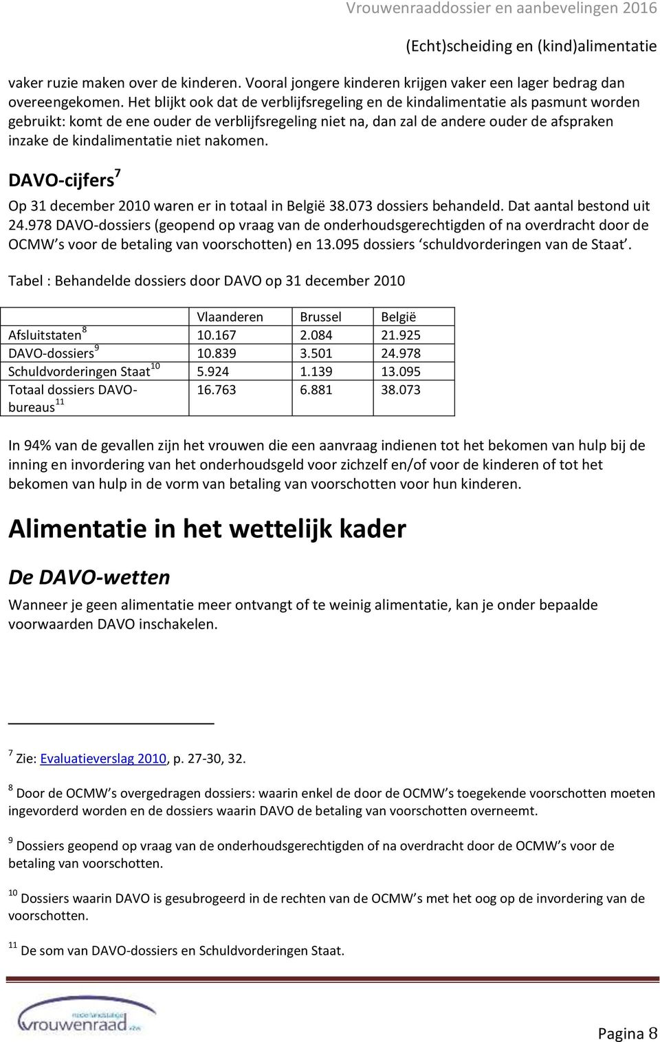kindalimentatie niet nakomen. DAVO-cijfers 7 Op 31 december 2010 waren er in totaal in België 38.073 dossiers behandeld. Dat aantal bestond uit 24.