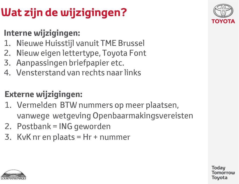 Vensterstand van rechts naar links Externe wijzigingen: 1.