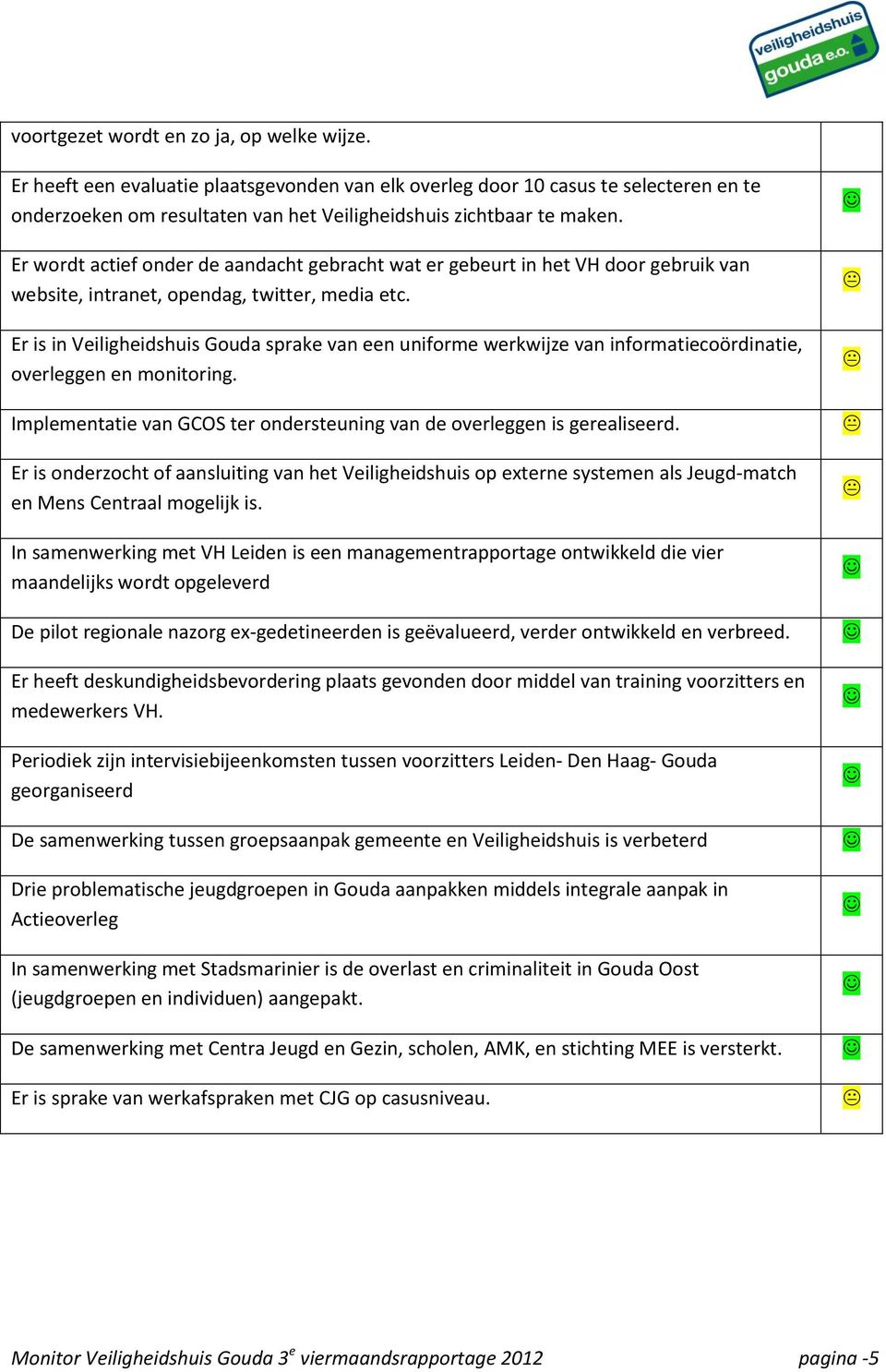 Er is in Veiligheidshuis Gouda sprake van een uniforme werkwijze van informatiecoördinatie, overleggen en monitoring. Implementatie van GCOS ter ondersteuning van de overleggen is gerealiseerd.