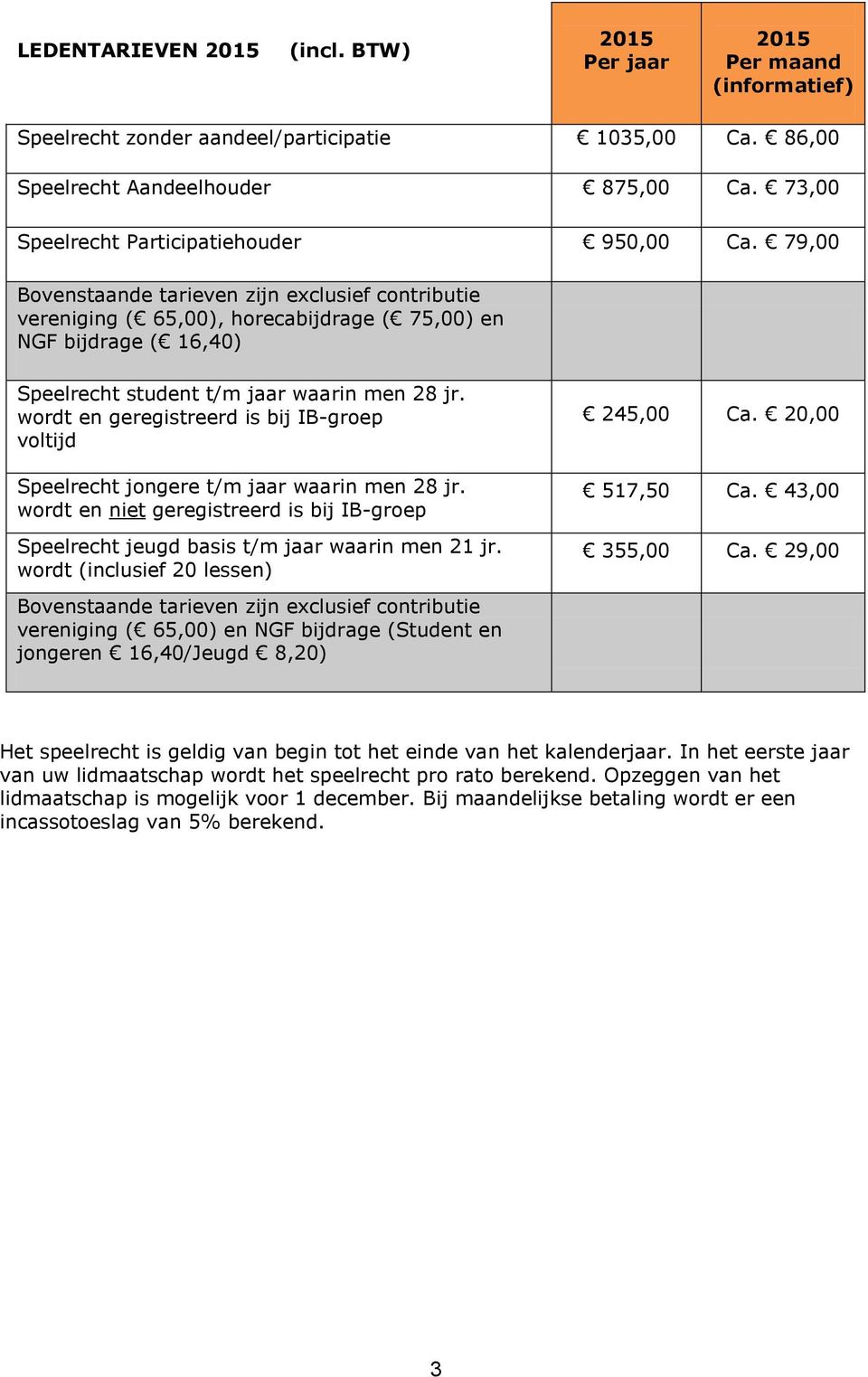 79,00 Bovenstaande tarieven zijn exclusief contributie vereniging ( 65,00), horecabijdrage ( 75,00) en NGF bijdrage ( 16,40) Speelrecht student t/m jaar waarin men 28 jr.