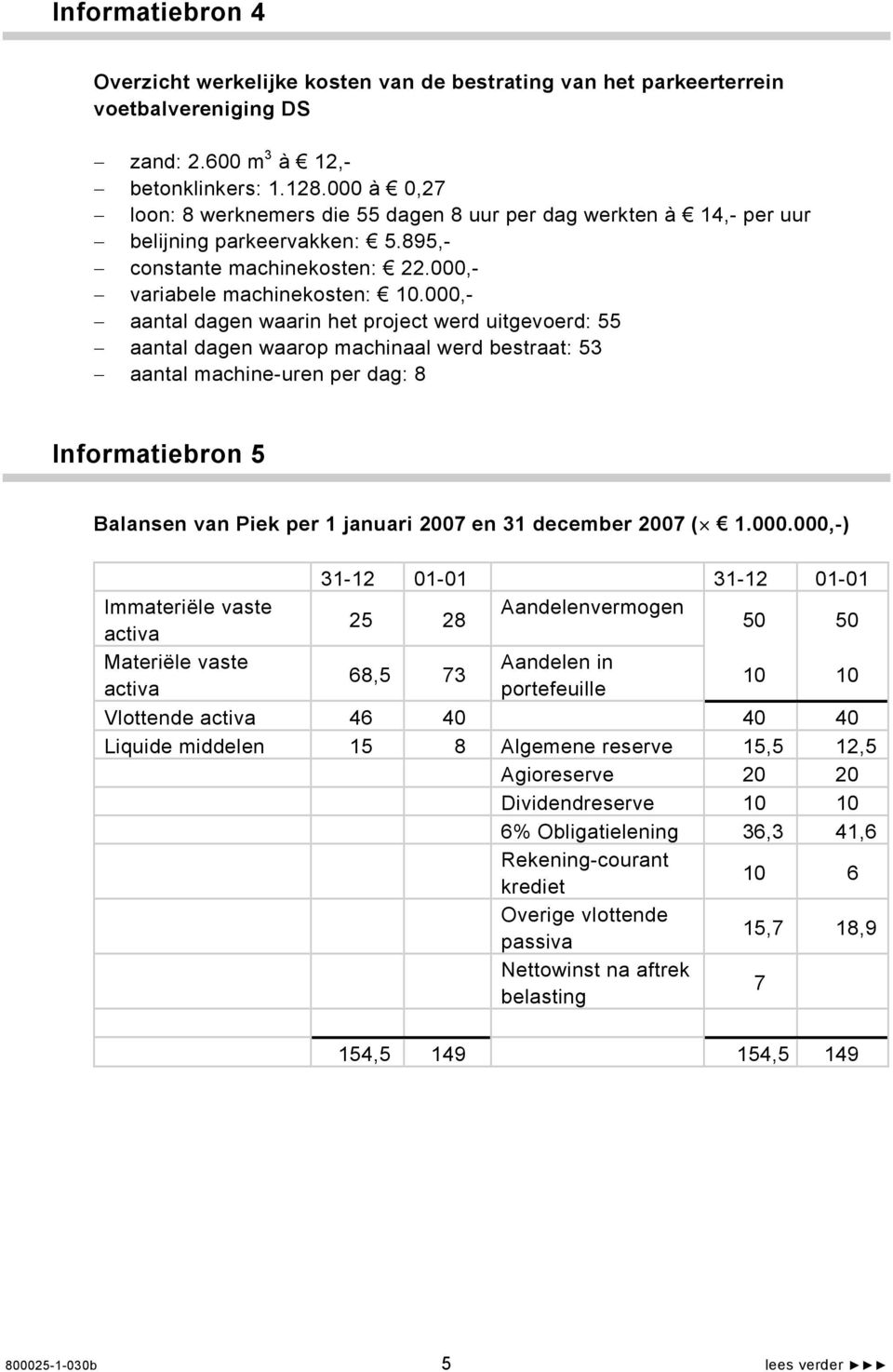 000,- aantal dagen waarin het project werd uitgevoerd: 55 aantal dagen waarop machinaal werd bestraat: 53 aantal machine-uren per dag: 8 Informatiebron 5 Balansen van Piek per 1 januari 2007 en 31