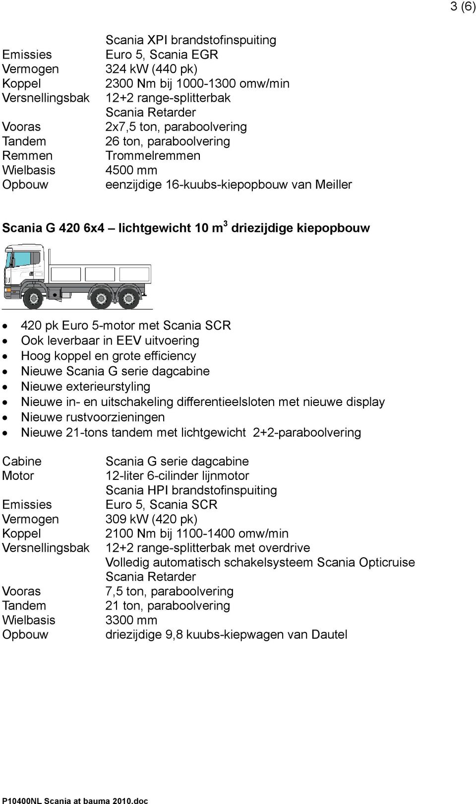 Scania G serie dagcabine Nieuwe exterieurstyling Nieuwe rustvoorzieningen Nieuwe 21-tons tandem met lichtgewicht 2+2-paraboolvering Scania G serie dagcabine 12-liter 6-cilinder lijnmotor Scania HPI