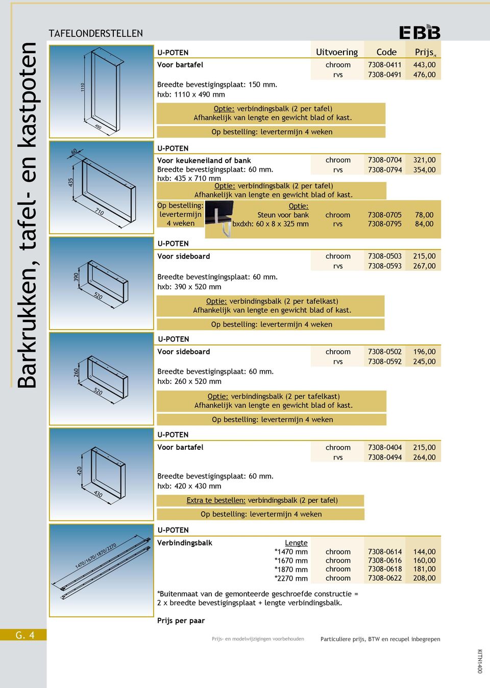 hxb: 435 x 710 mm chroom rvs 7308-0704 7308-0794 321,00 354,00 Optie: verbindingsbalk (2 per tafel) Afhankelijk van lengte en gewicht blad of kast.