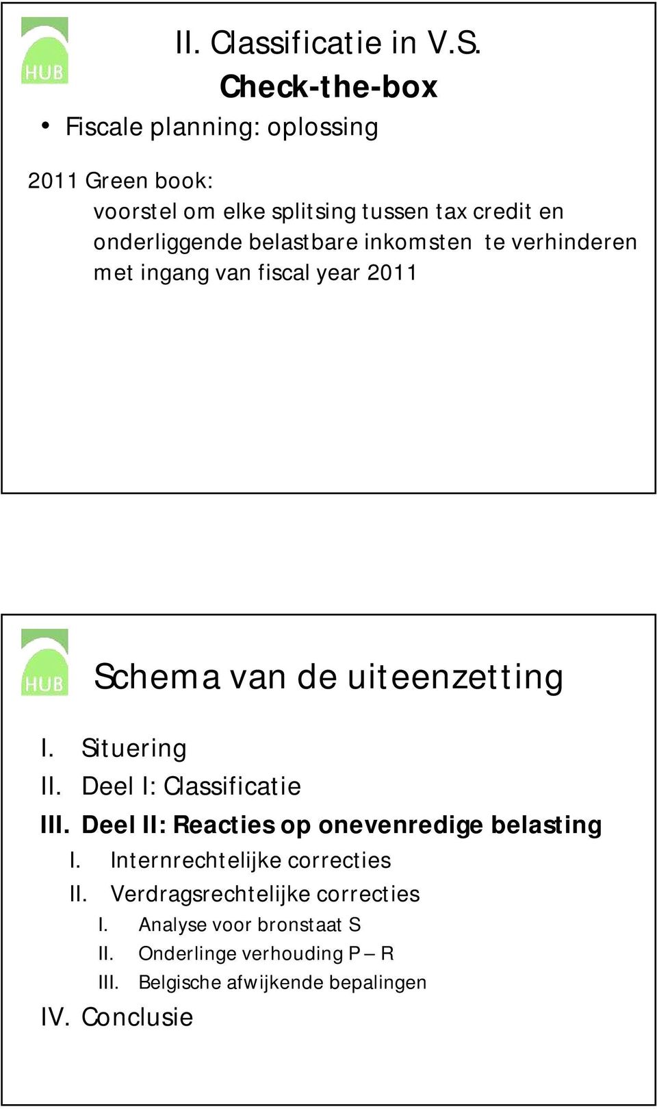 belastbare inkomsten te verhinderen met ingang van fiscal year 2011 Schema van de uiteenzetting I. Situering II.