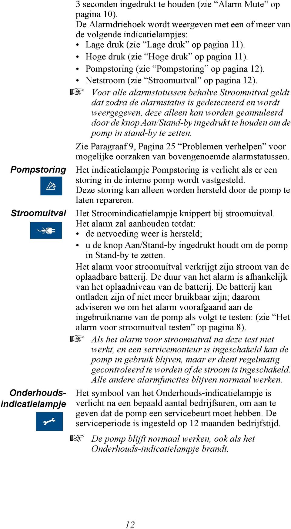 Pompstoring (zie Pompstoring op pagina 12). Netstroom (zie Stroomuitval op pagina 12).