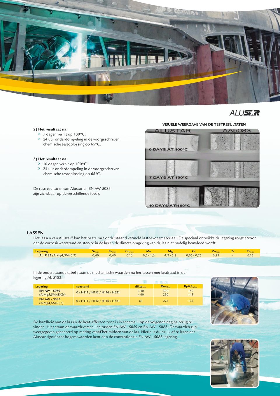 De testresultaten van Alustar en EN AW508 zijn zichtbaar op de verschillende foto s LASSEN Het lassen van Alustar kan het beste met onderstaand vermeld lastoevoegmateriaal.