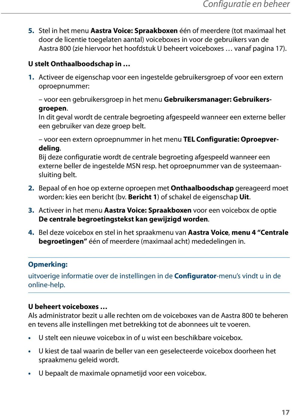 beheert voiceboxes vanaf pagina 17). U stelt Onthaalboodschap in 1.